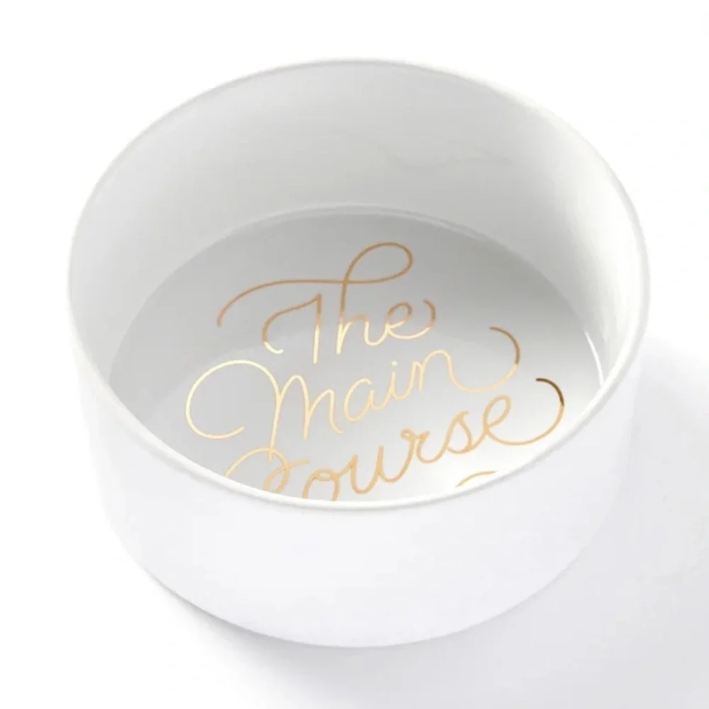 Brass Monkey The Main Course Ceramic Dog Bowl White Gold Elegant 40 oz cap NWT
